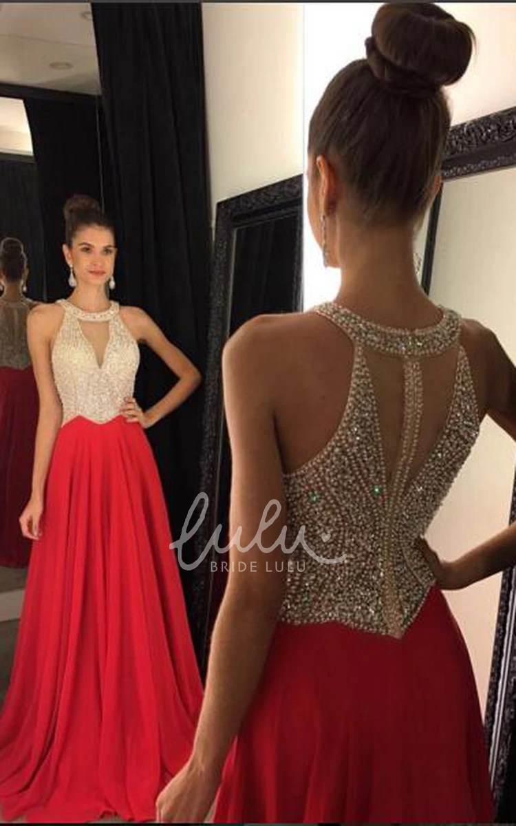 Red Chiffon Prom Dress with Crystals Elegant Sleeveless Style