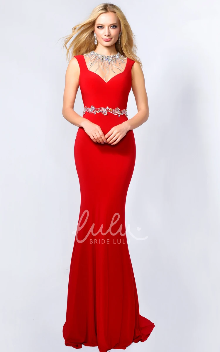 Jewel-Neck Trumpet Formal Dress with Jersey Illusion and Waist Jewelry