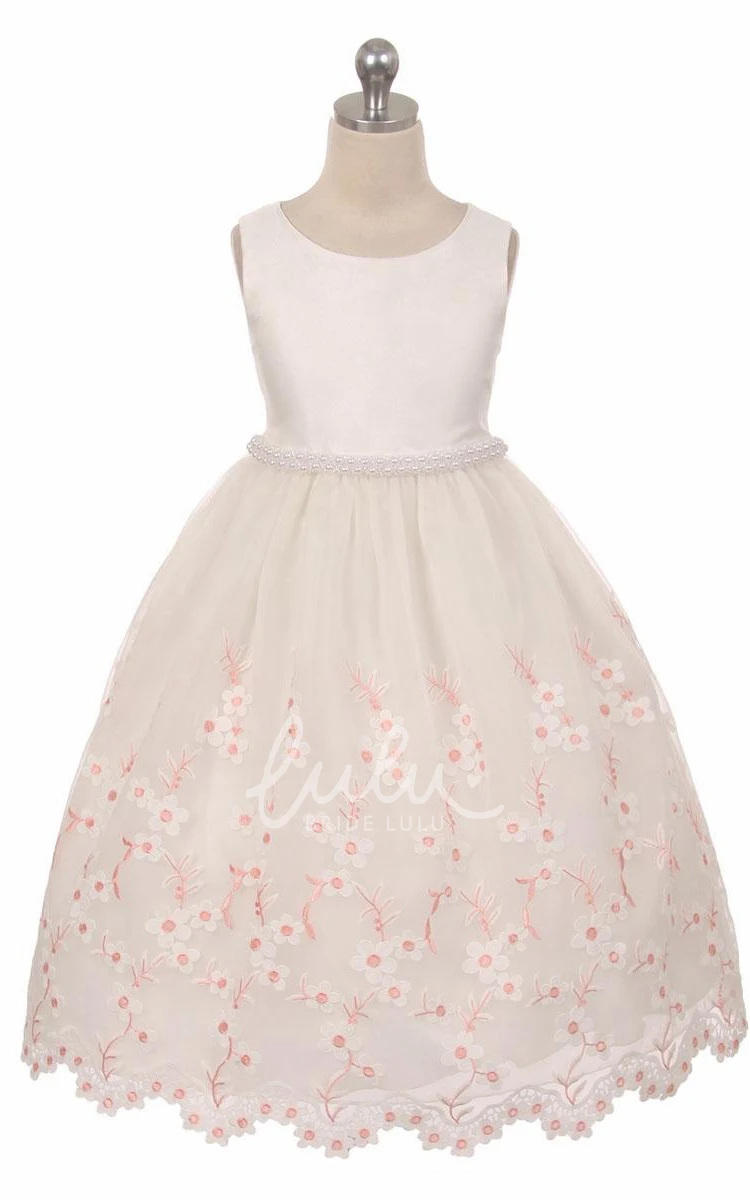 Beaded Lace and Organza Flower Girl Dress with Floral Design Tea-Length
