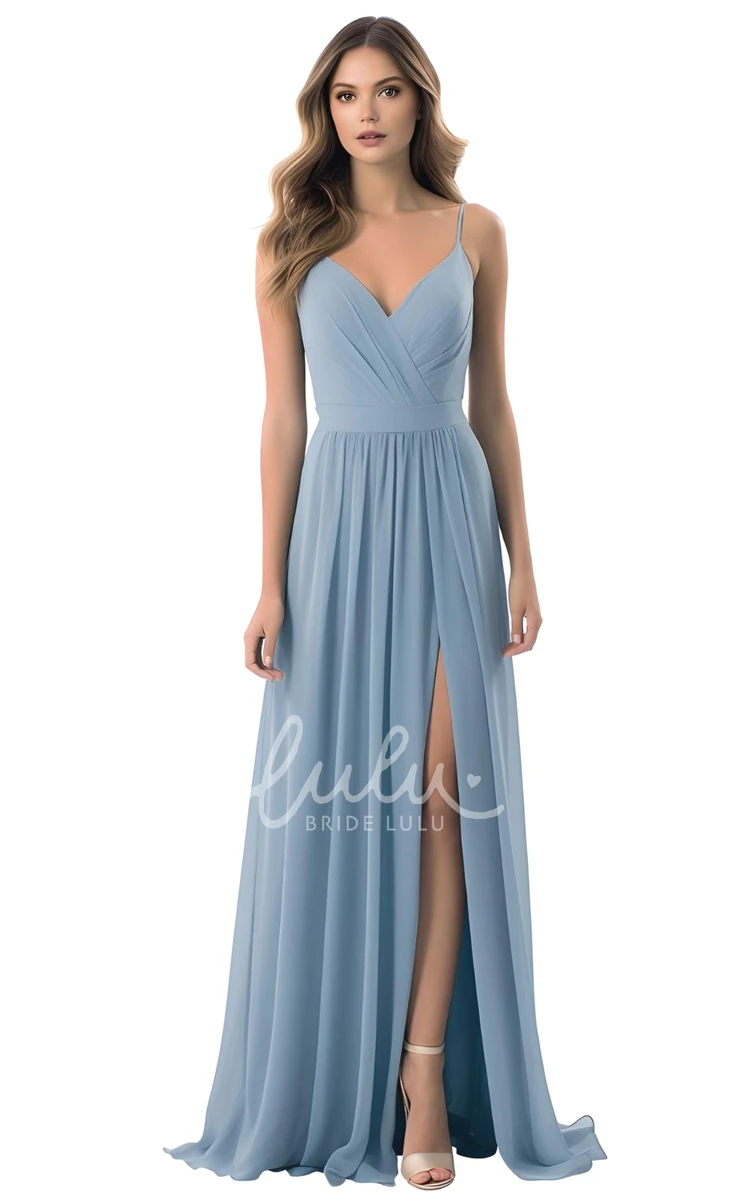 A-Line V-neck Chiffon Bridesmaid Dress with Split Front Elegant and Simple