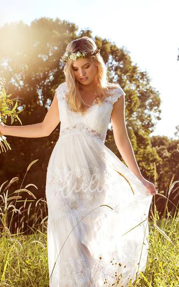 Vintage Modest Country Beach Lace and Tulle V-Neck Wedding Dress with Cap Sleeves Simple Empire Waist Long Bridal Gown
