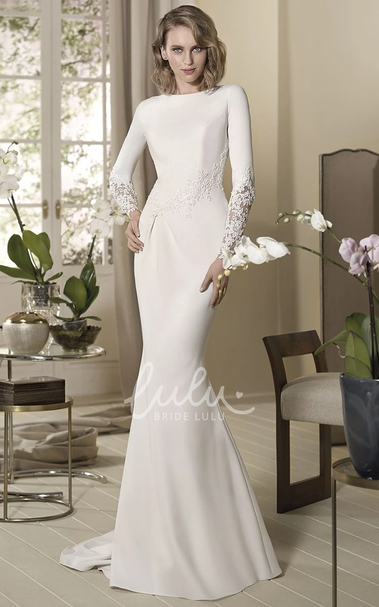Long-Sleeve Sheath Jersey Wedding Dress with High-Neck and Appliques