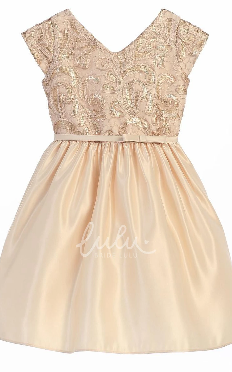 Tiered Sequin&Satin Flower Girl Dress with Embroidery and Bow