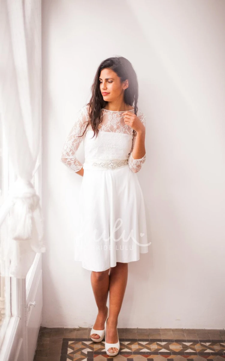 White Lace Civil Wedding Dress with Short Sleeves Elegant Bridal Gown