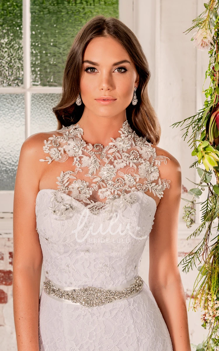 Beaded High Neck Lace Sheath Wedding Dress with Waist Jewelry Elegant Wedding Dress