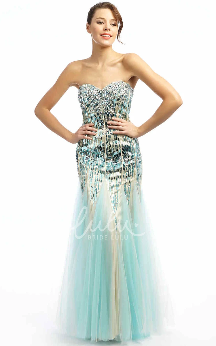 Sweetheart Sequin and Tulle Prom Dress Trumpet Style with Beaded Details