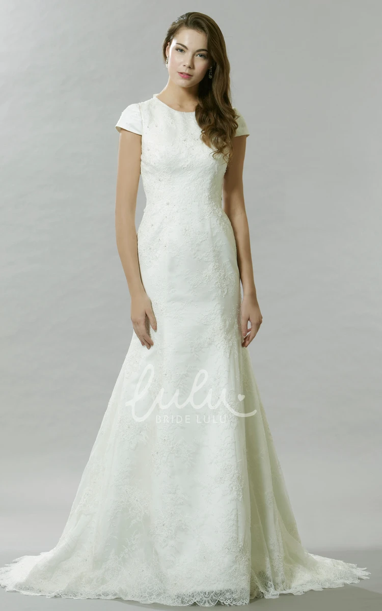 Floor-Length Lace Wedding Dress with Bowed Cap Sleeves Classic Bridal Gown