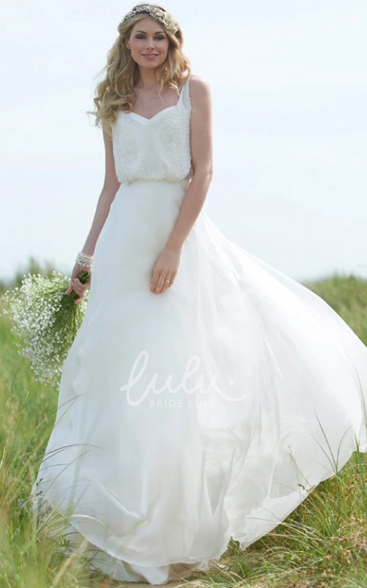 Chiffon Wedding Dress with Straps Maxi Length Beading Sweep Train & V Back