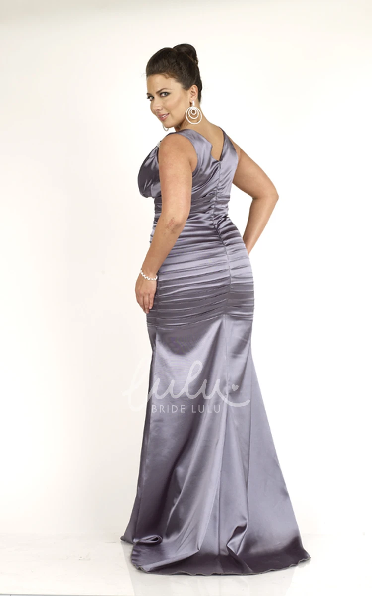 V-neck Sleeveless Satin Ruching Floor-length Bridesmaid Dress with Low-V Back