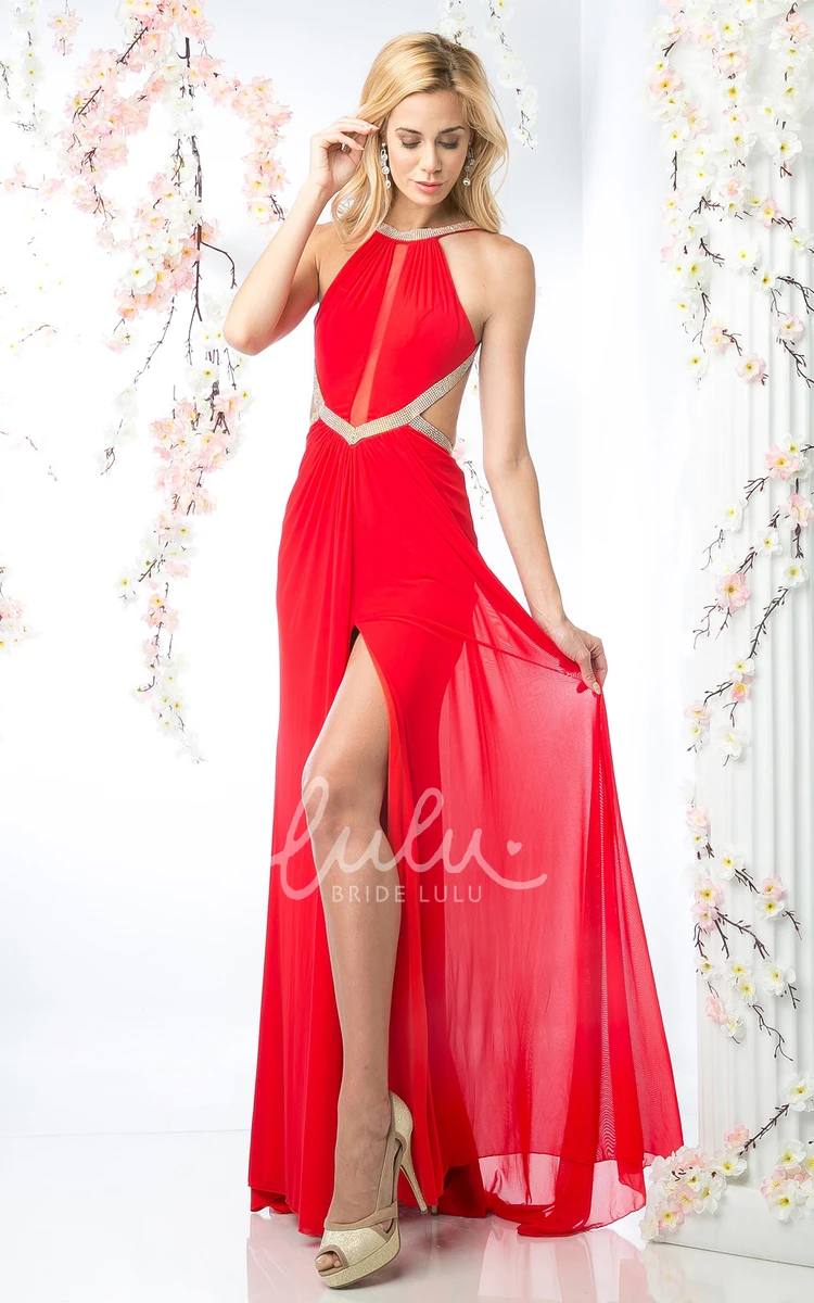 Chiffon Backless Sheath Formal Dress with Split Front and Pleats