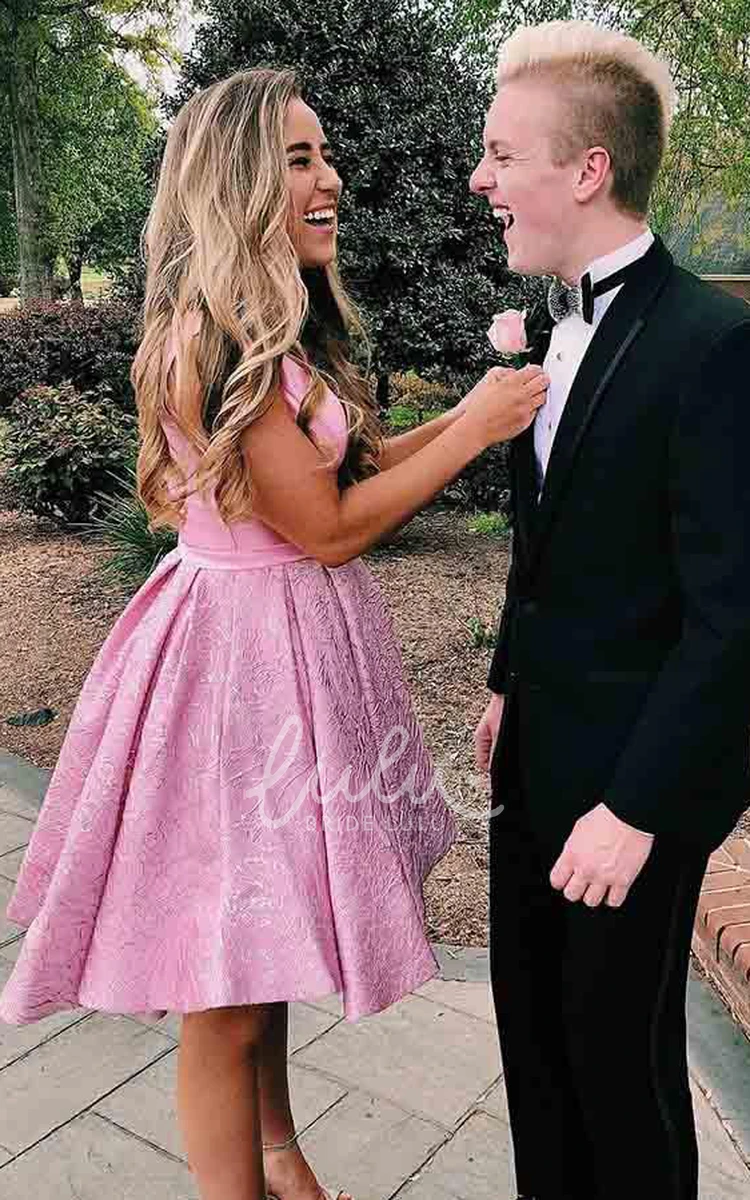 Pink Short A-Line Boho Lace Homecoming Dress Cute Modest Satin Straps V-Neck Sleeveless A-Line Prom Party Dress with Embroidery