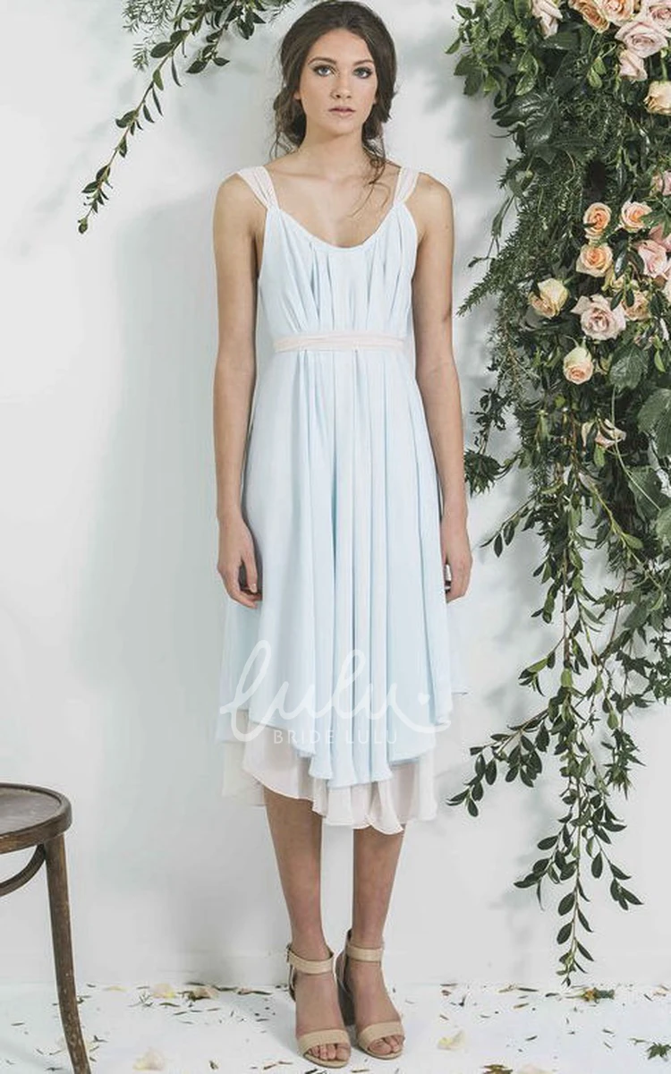 V-Neck Pleated Chiffon Bridesmaid Dress Tea-Length Sleeveless