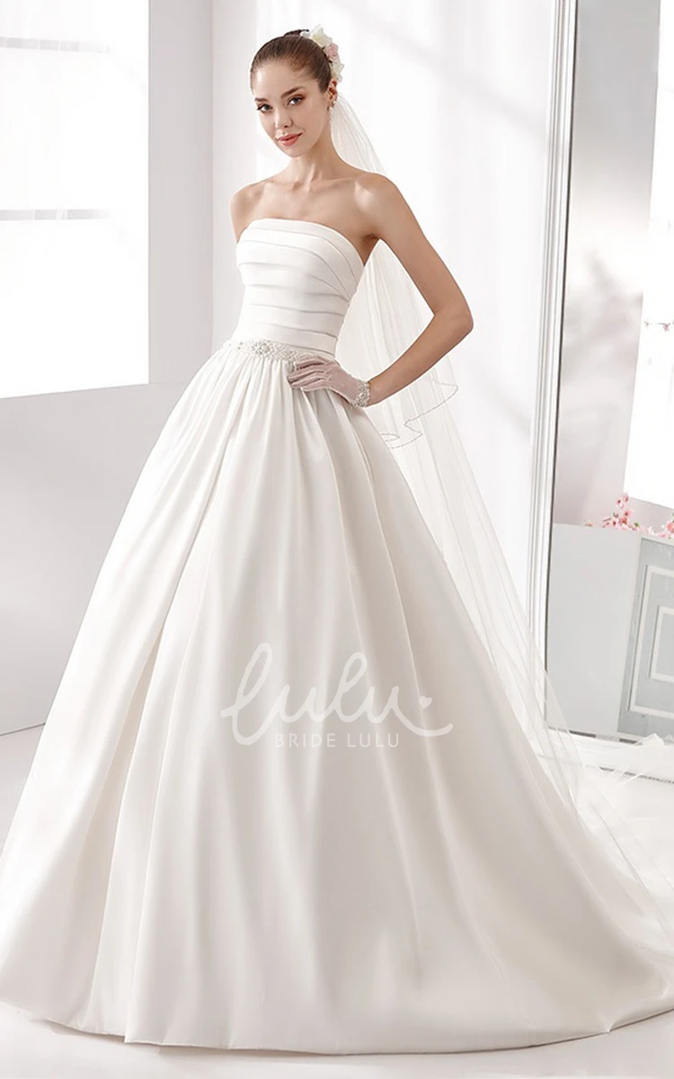 Satin A-Line Wedding Dress with Pearl Belt and Brush Train
