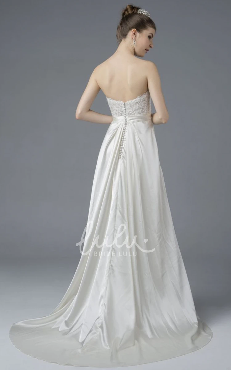 Draped Satin Sweetheart Gown with Lace Applique and Open Back Buttons