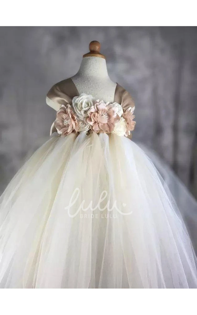 Tulle Cap Sleeve Dress with Flower Bodice and Pleated Bow Back