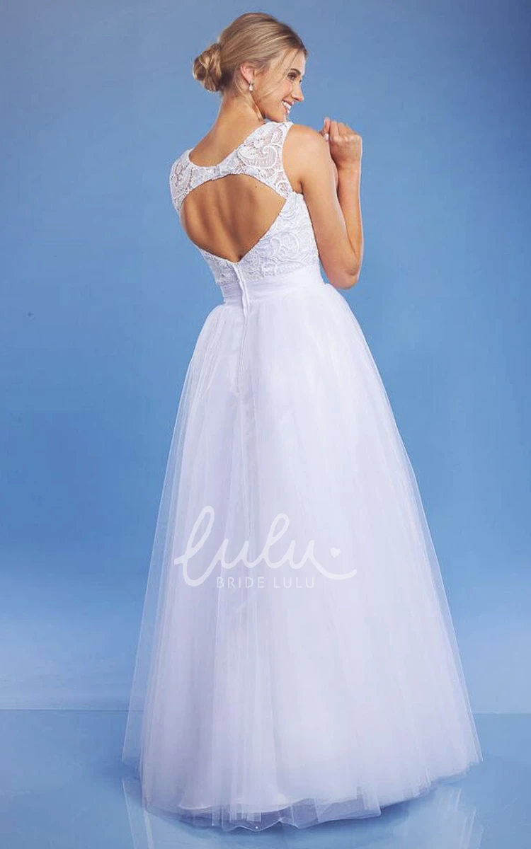 Tulle&Lace Bateau Wedding Dress with Keyhole Back A-Line Floor-Length Bridal Gown