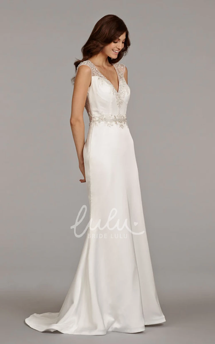 Charmeuse Cap Sleeve Beaded Wedding Dress with Sheer Back Elegant Ivory