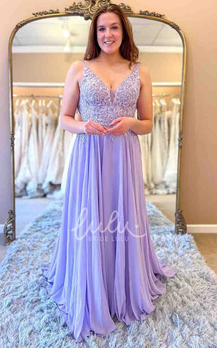 Chiffon Beach Prom Dress with V-Neckline Appliques and Low-V Back