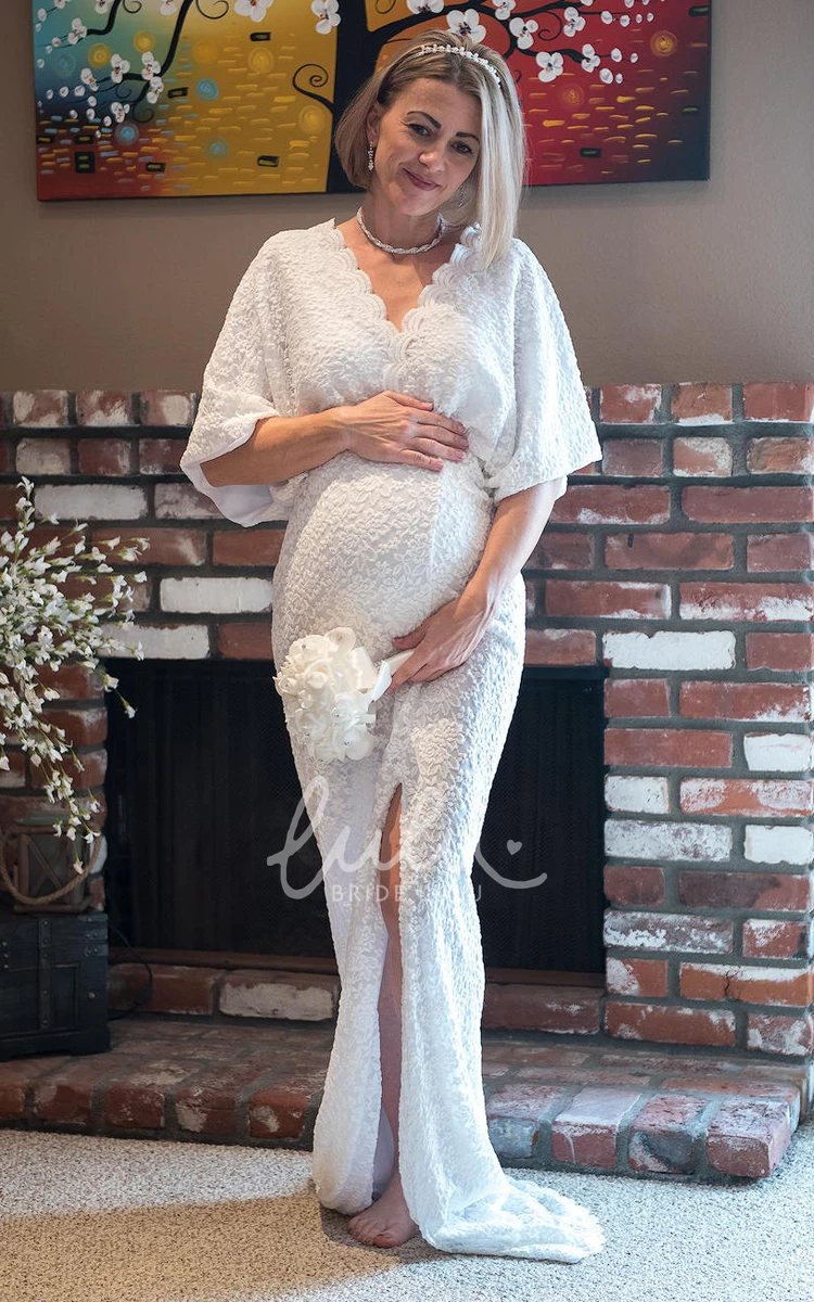 3/4 Sleeve Sheath Maternity Wedding Dress with Sweep Train and Empire Waist