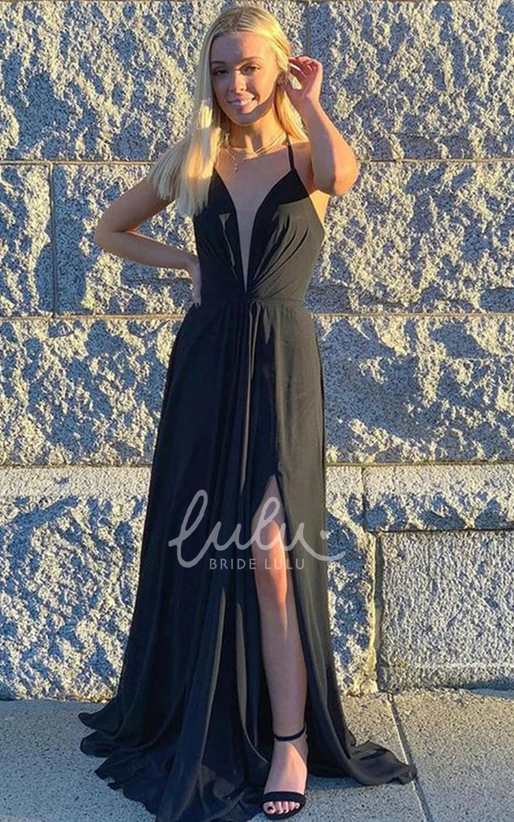 Split Front A-Line Sleeveless Formal Dress Simple Jersey Plunging Neckline Floor-length Gown