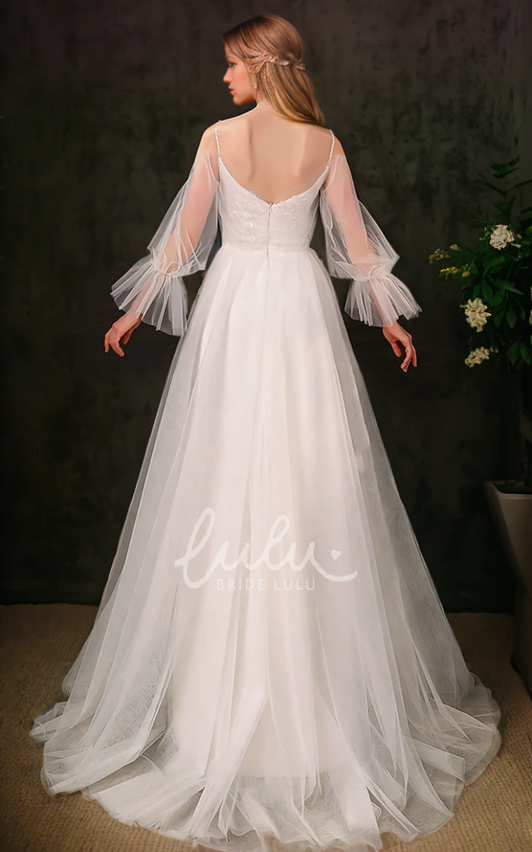 Sexy Spaghetti Straps A-Line Tulle Garden Wedding Dress with Illusion Long Sleeve