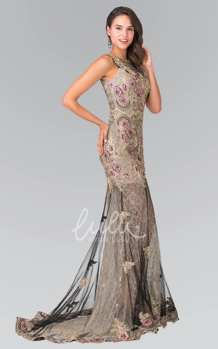 Lace Applique Sleeveless Sheath Formal Dress with Zipper Back and Scoop Neck