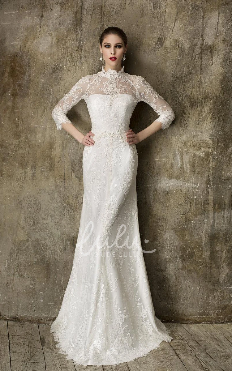 Detachable Tulle Skirt A-Line Tulle Wedding Dress with High Neck and 3/4 Sleeves