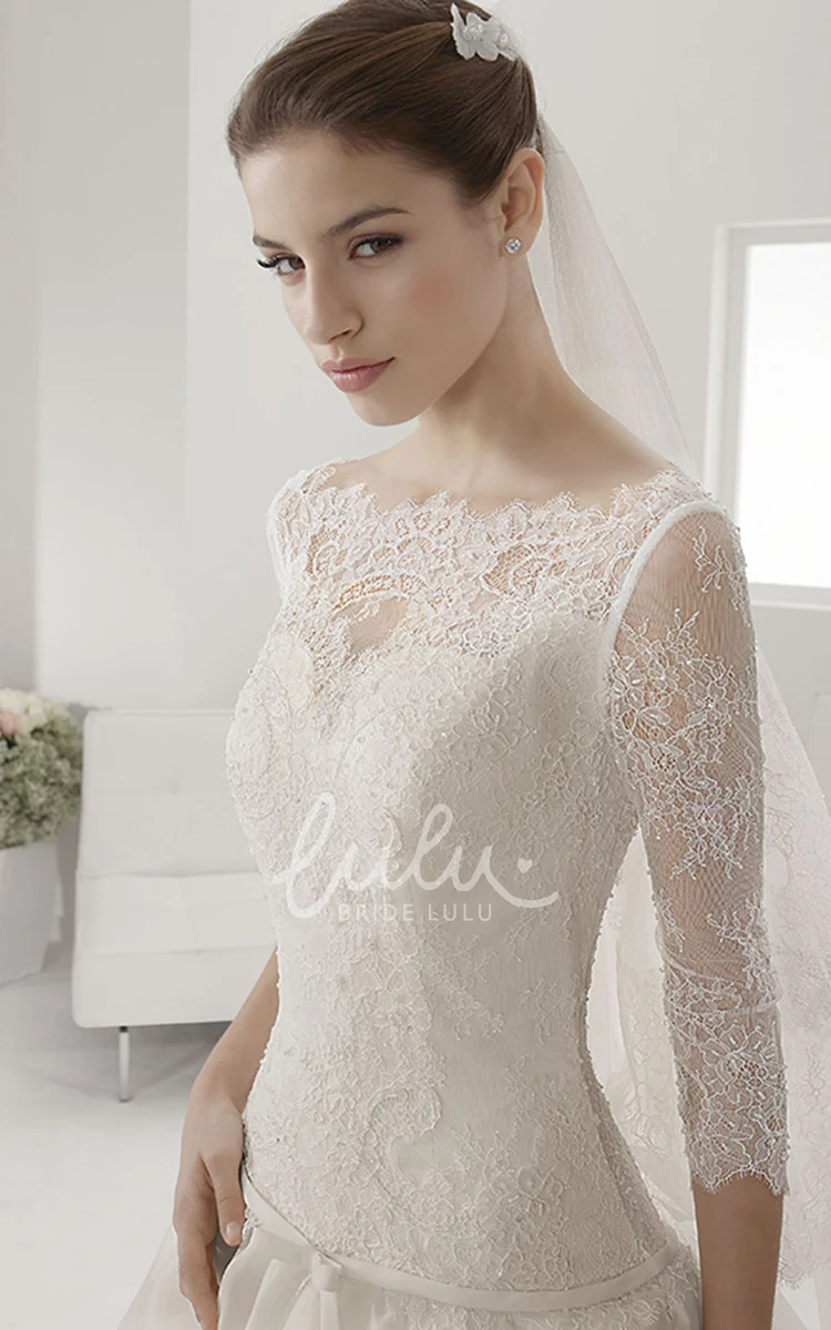 Bateau Ball Gown with Illusion Neckline Sash and 3-4 Sleeves