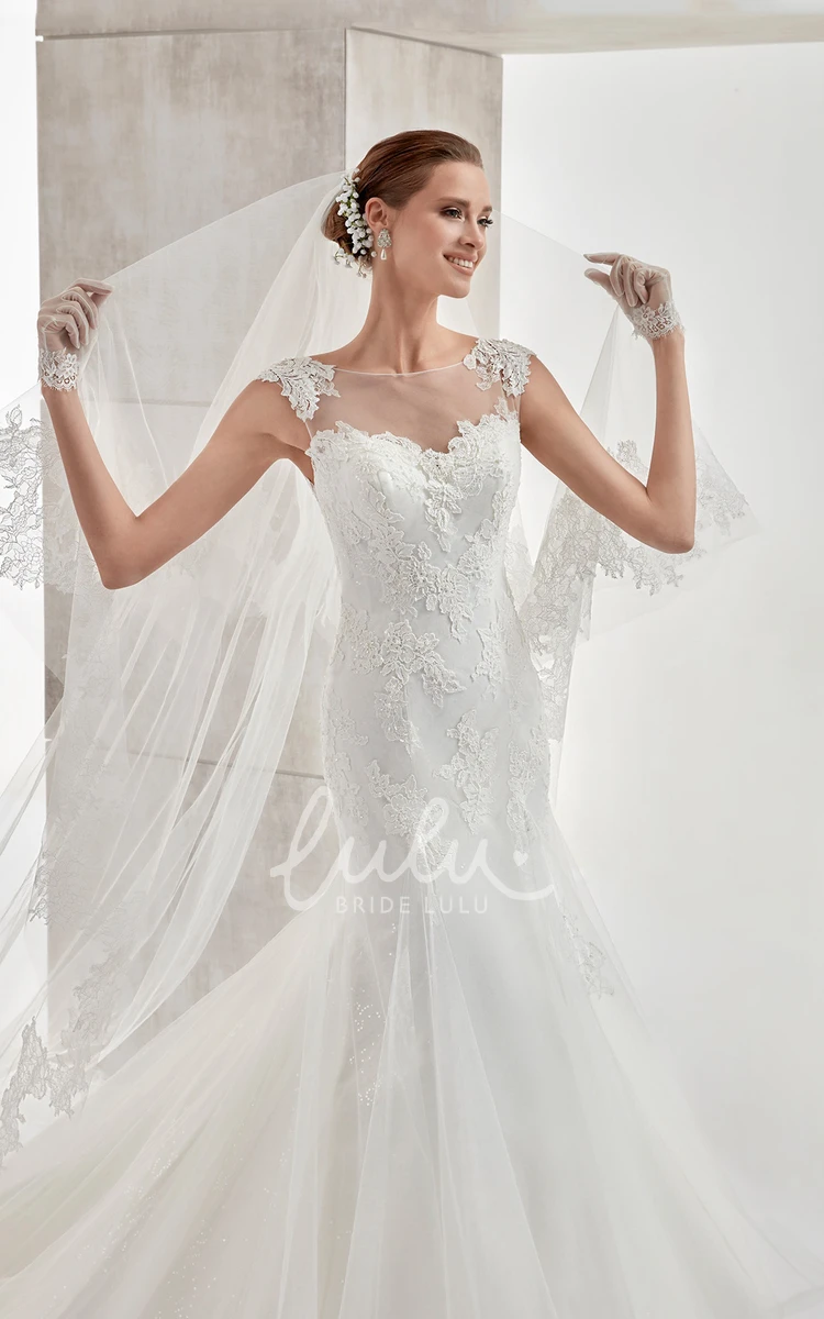 Mermaid Wedding Dress with Jewel-Neck Cap-Sleeves Appliques and Illusive Design