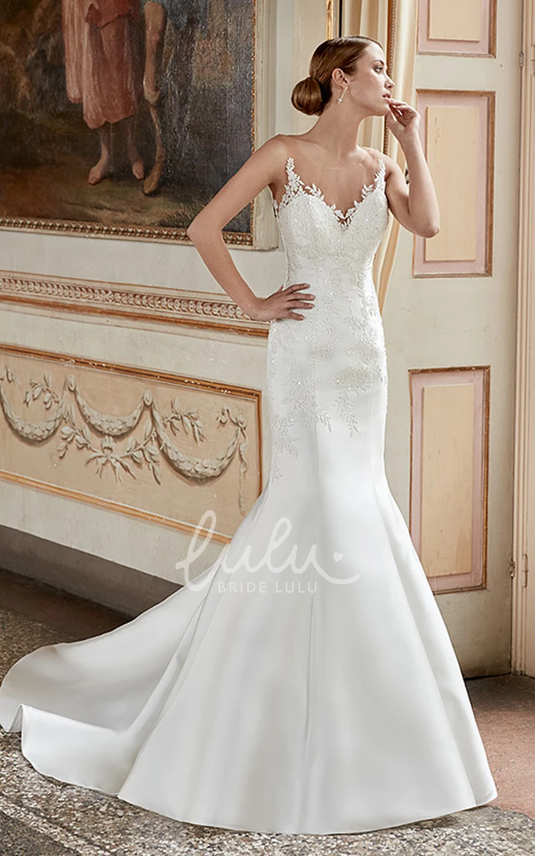 Trumpet V-Neck Satin Wedding Dress with Appliques and Sleeves