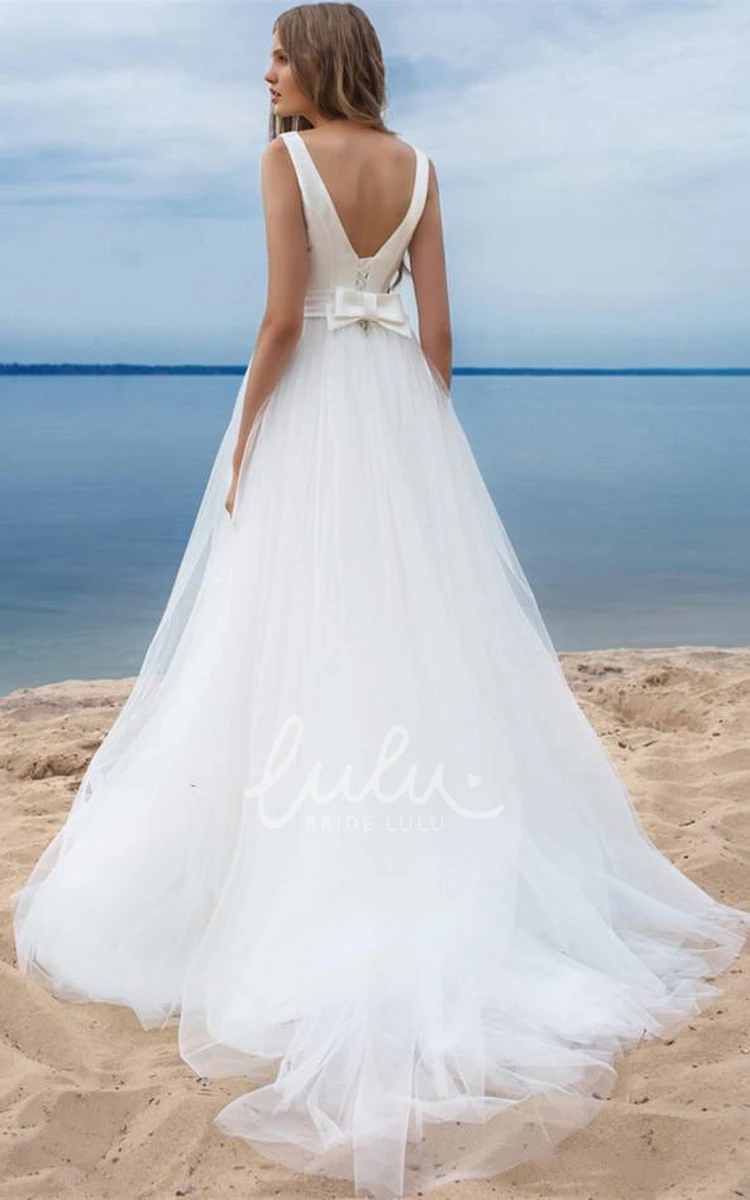 Sleeveless Satin Tulle Modern Open Back Lace-up Wedding Dress with Bow Modern Satin Wedding Dress