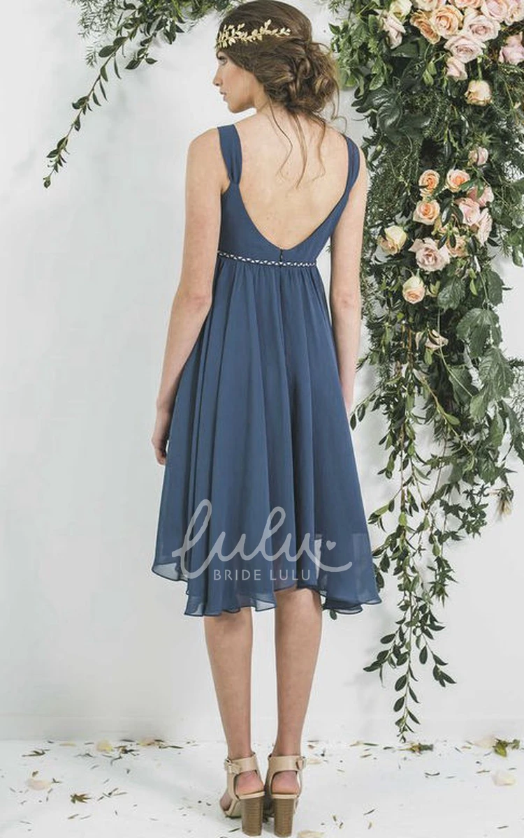 Empire V-Neck Chiffon Bridesmaid Dress Tea-Length Draped Sleeveless