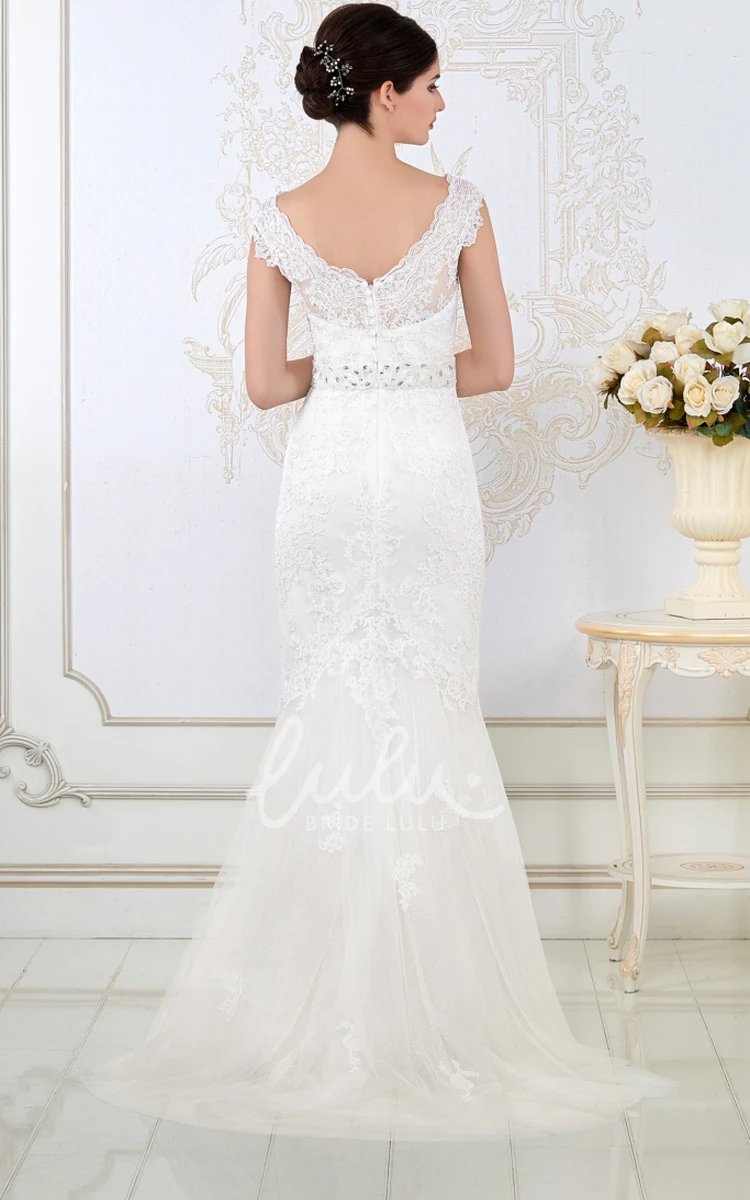 Sheath Lace Wedding Dress with Cap-Sleeves Bateau-Neck Waist Jewellery