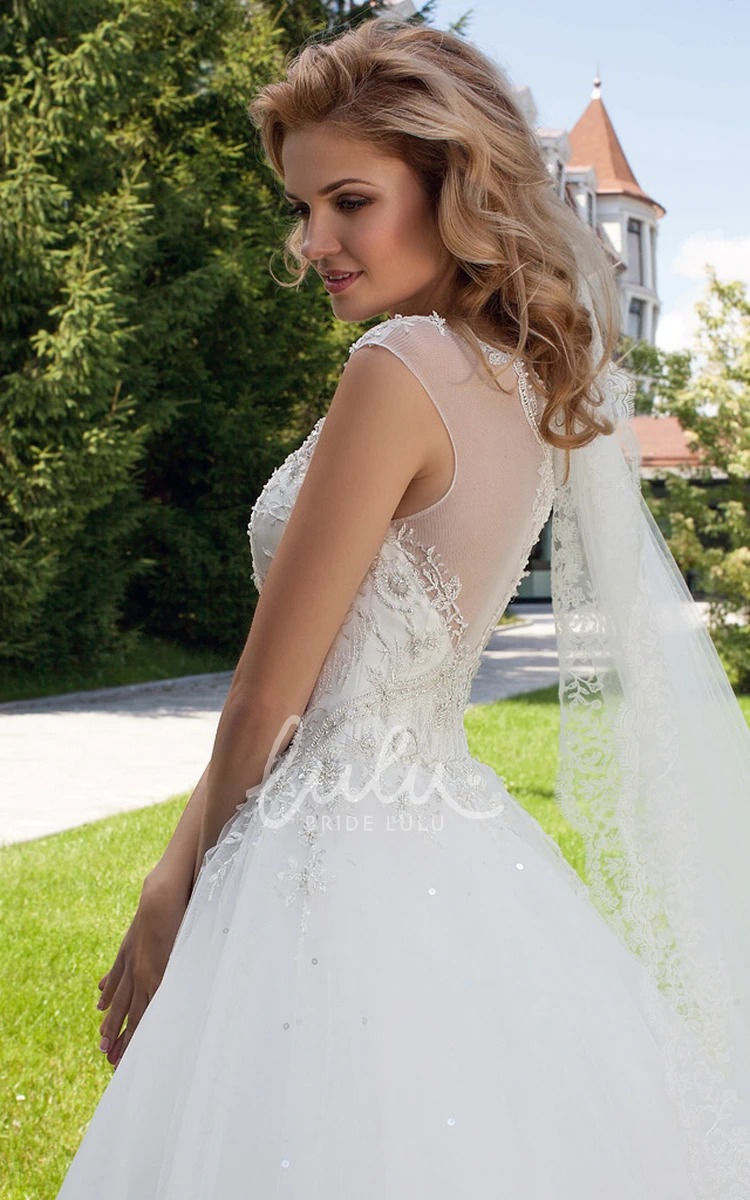 Maxi Tulle Wedding Dress with Illusion Back and Court Train Sleeveless Appliqued Bateau Neckline