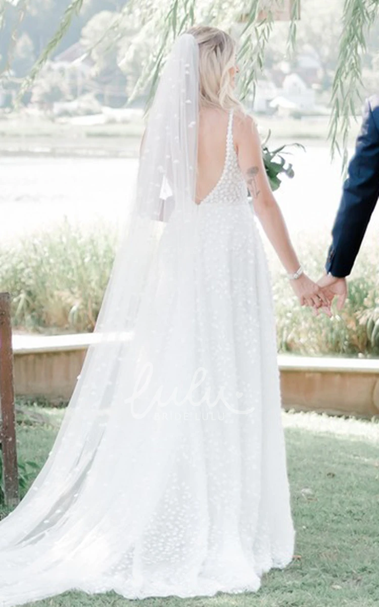 Elegant Lace Sleeveless Wedding Dress with Low-V Back and Flower Women's Bridal Gown