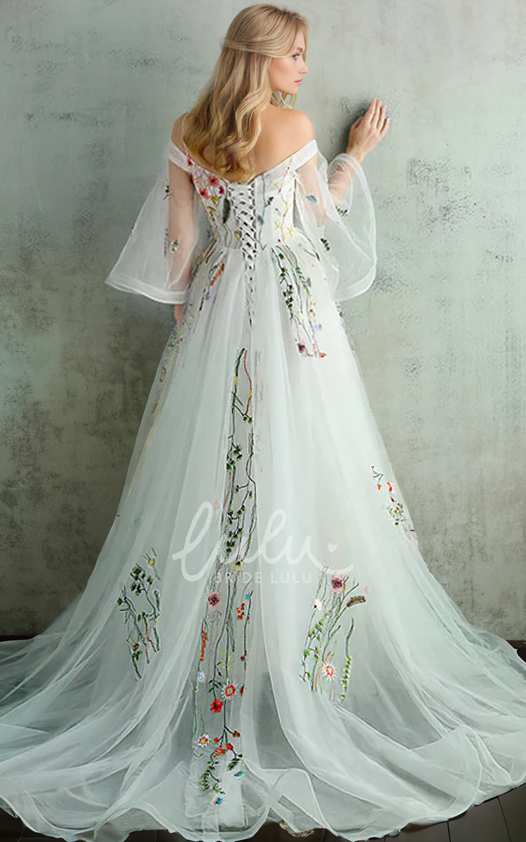 A-Line Lace Tulle Long Sleeves A-line Wedding Party Dress with Tied Back and Court Train
