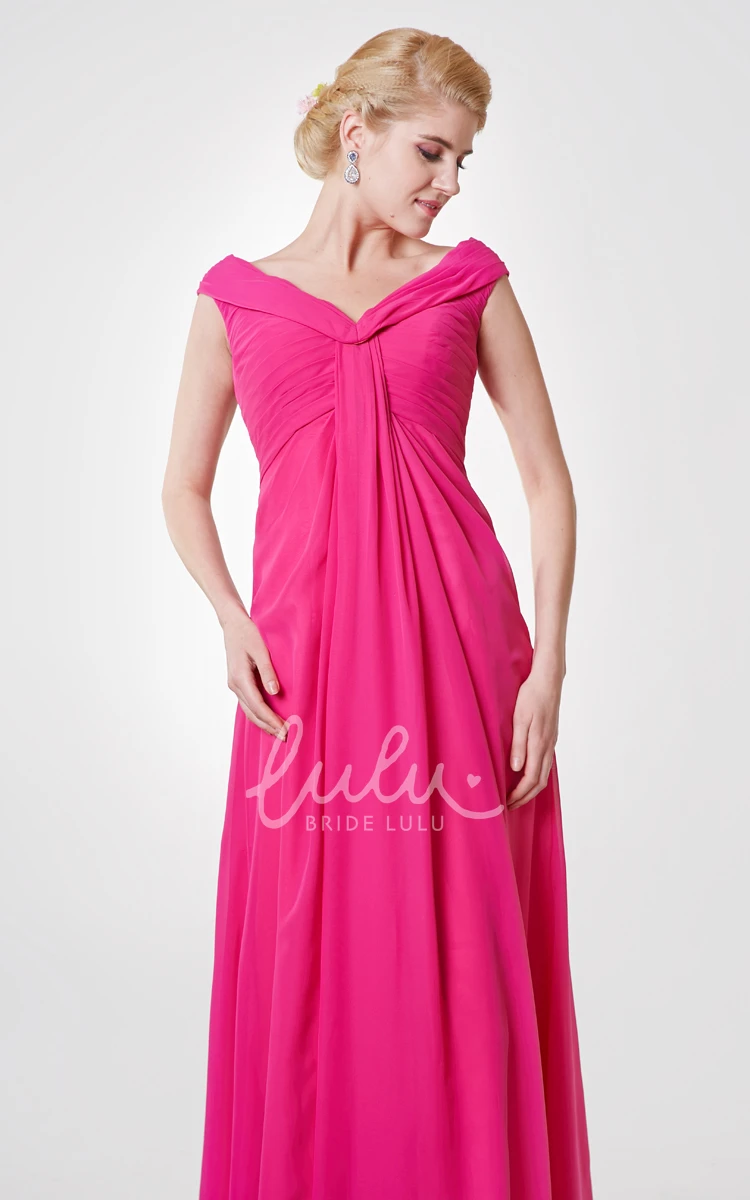 V-neck A-line Long Bridesmaid Dress with Pleated Chiffon and Cap Sleeves