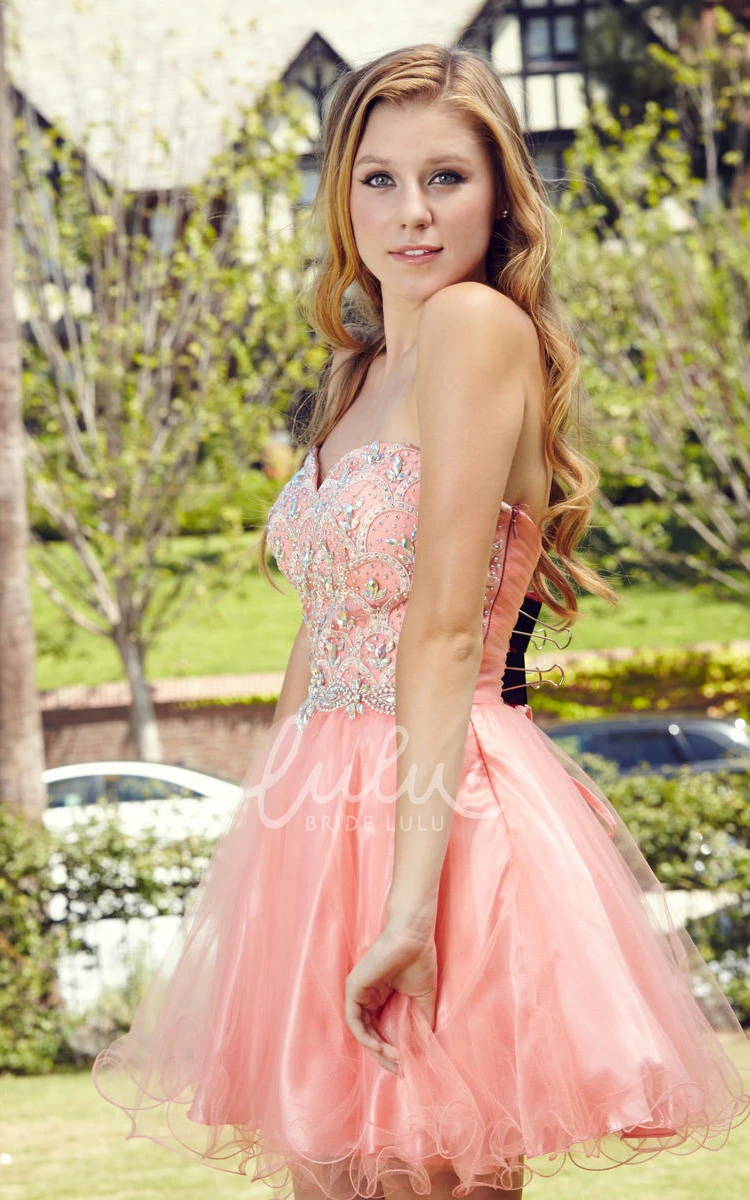 Sweetheart Sleeveless A-Line Tulle Satin Dress with Beading and Ruffles