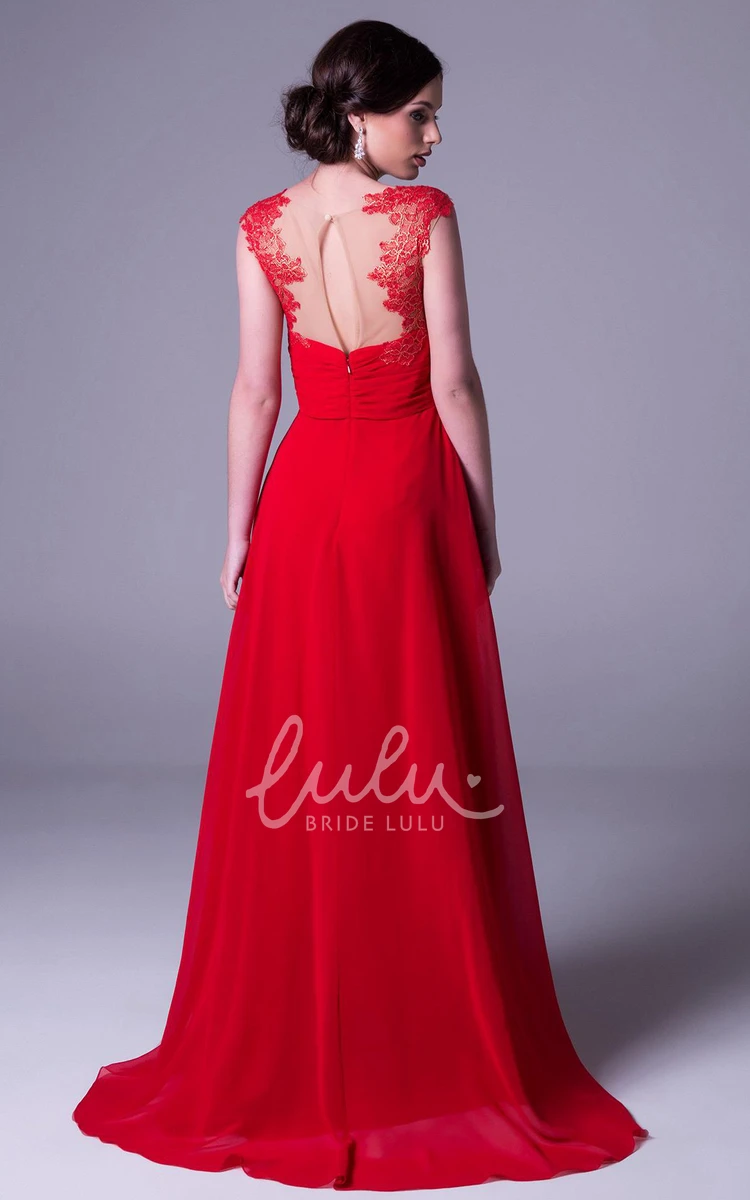 Appliqued Chiffon Cap-Sleeve Empire Prom Dress with Ruching and Floor-Length A-Line Skirt