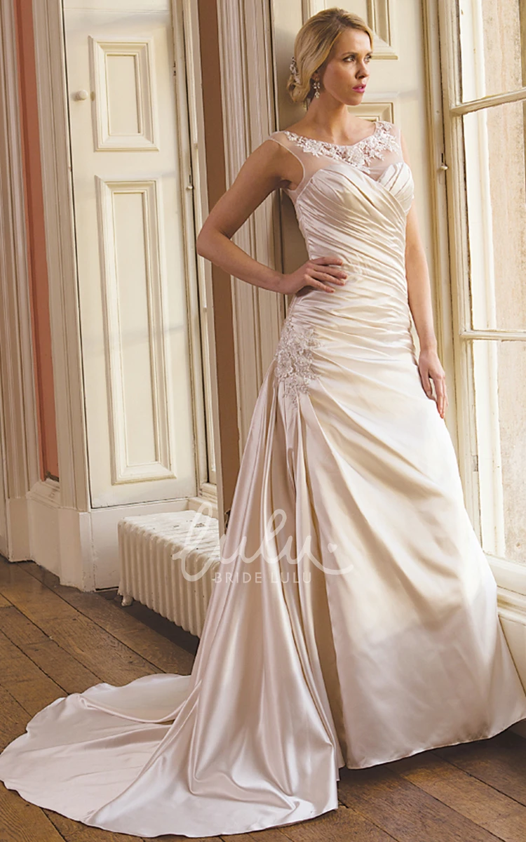 Scoop Neck Satin A-Line Wedding Dress with Draping and Appliques Modern Bridal Gown