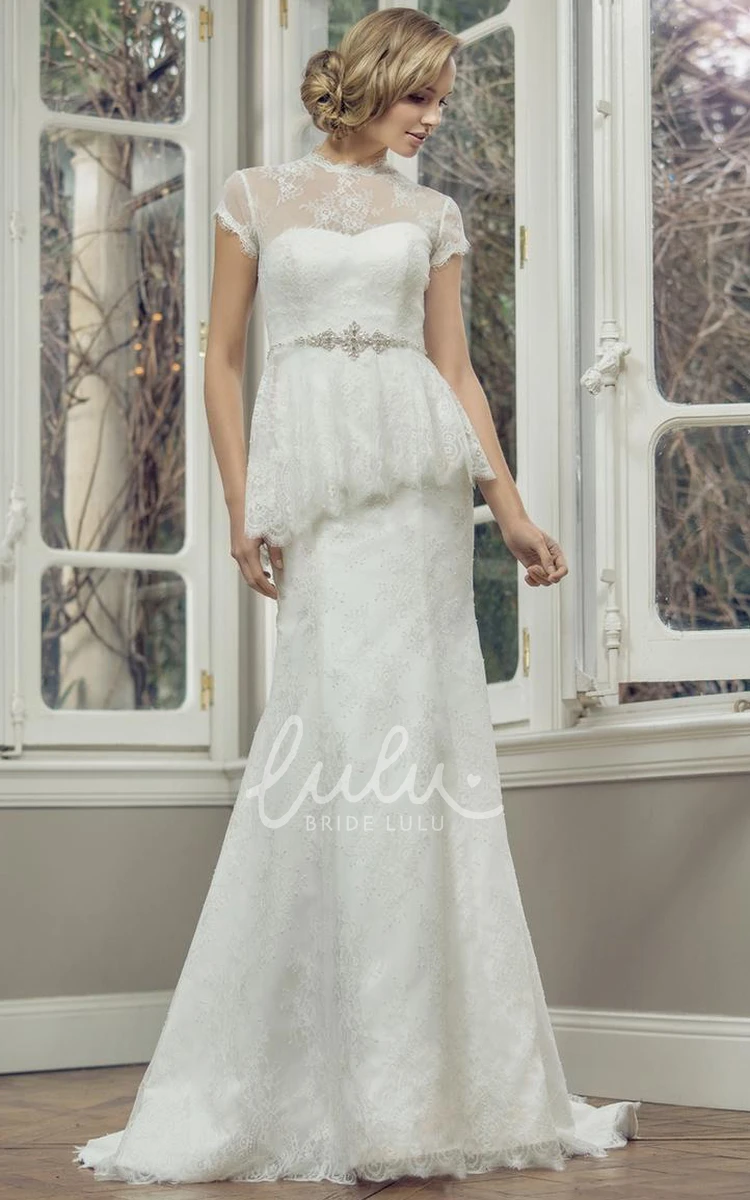 High Neck Lace Sheath Wedding Dress with Peplum and Illusion Classy Bridal Gown