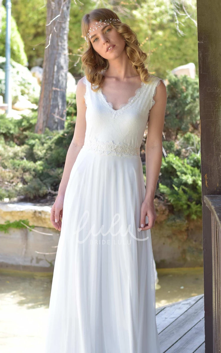 Sleeveless Chiffon Lace Wedding Dress with Plunging Neckline and Bow Detail