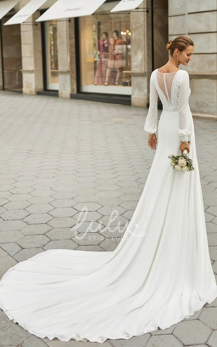 Chiffon V-neck A-Line Country Wedding Dress with Long Sleeve and Button Back