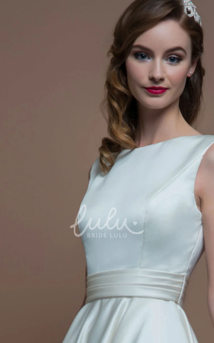 Jewel-Neck Satin Tea-Length Wedding Dress with Sleeveless A-Line and V Back