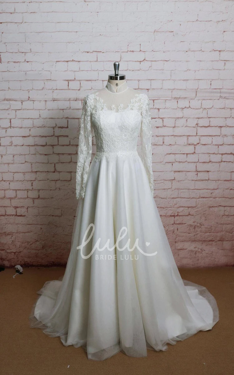 Long Sleeves A-Line Tulle Wedding Dress High Collar