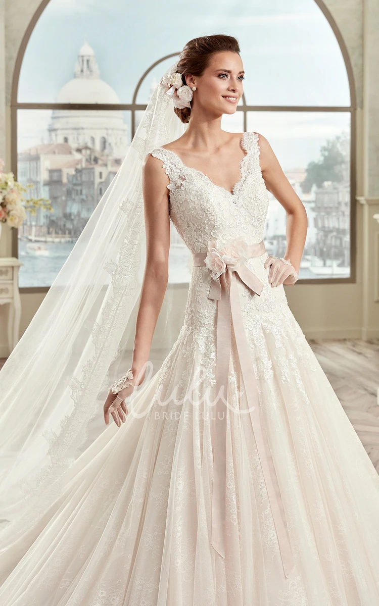 Lace V-Neck Wedding Dress with Floral Sash and Open Back Elegant Bridal Gown