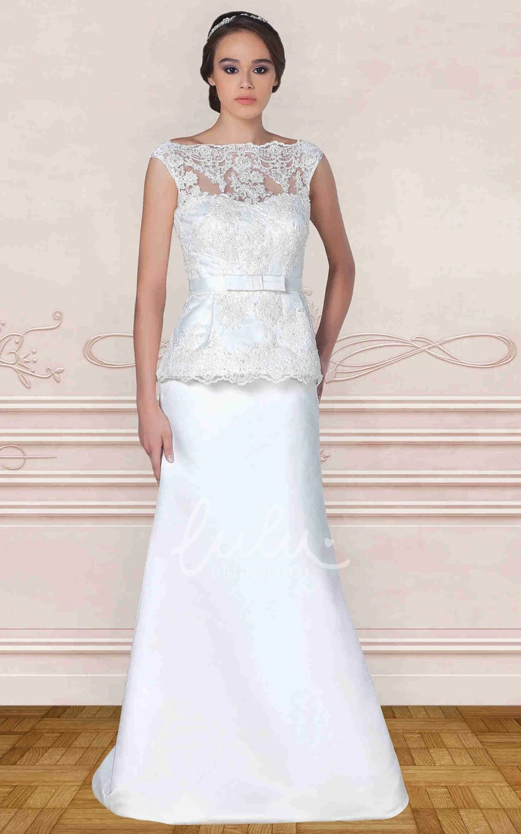 Satin Cap-Sleeve Wedding Dress with Appliques Bateau-Neck Maxi Gown