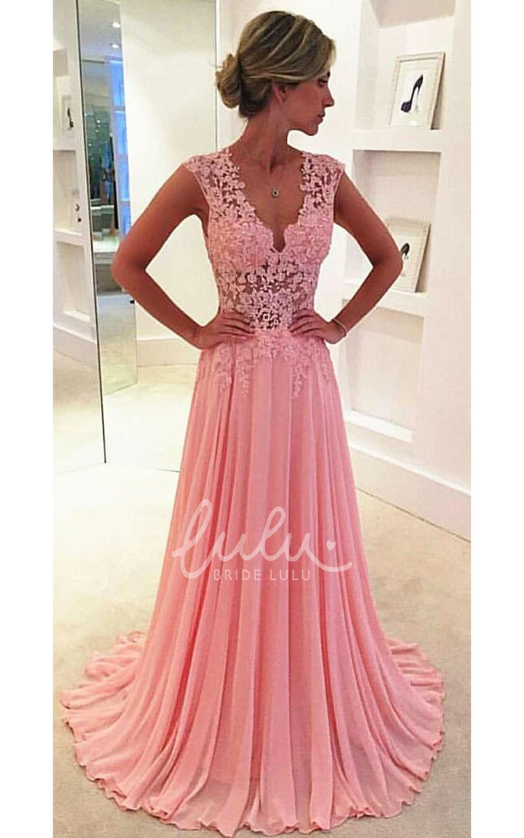 Long Pink Chiffon Bridesmaid Dress with Sleeveless Lace Appliques