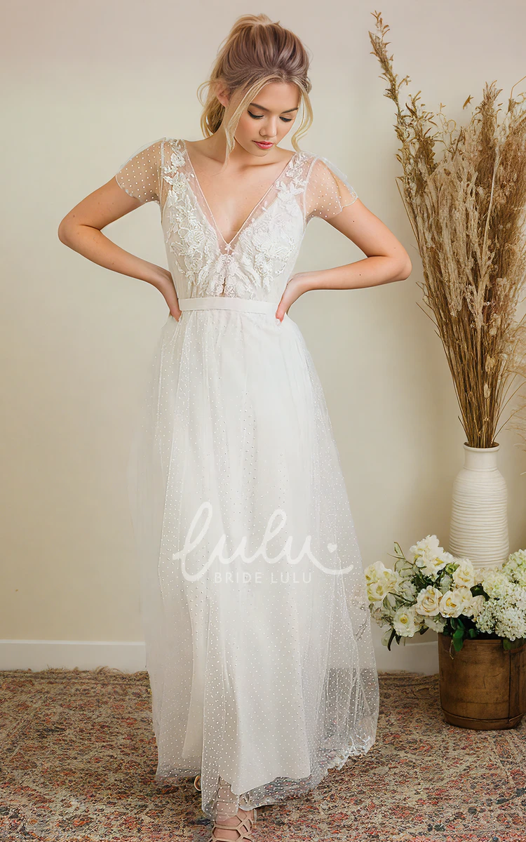 Short Sleeve A-Line V-neck Vintage Polka Dots Petite Women Wedding Dress with Sash Deep-V Back