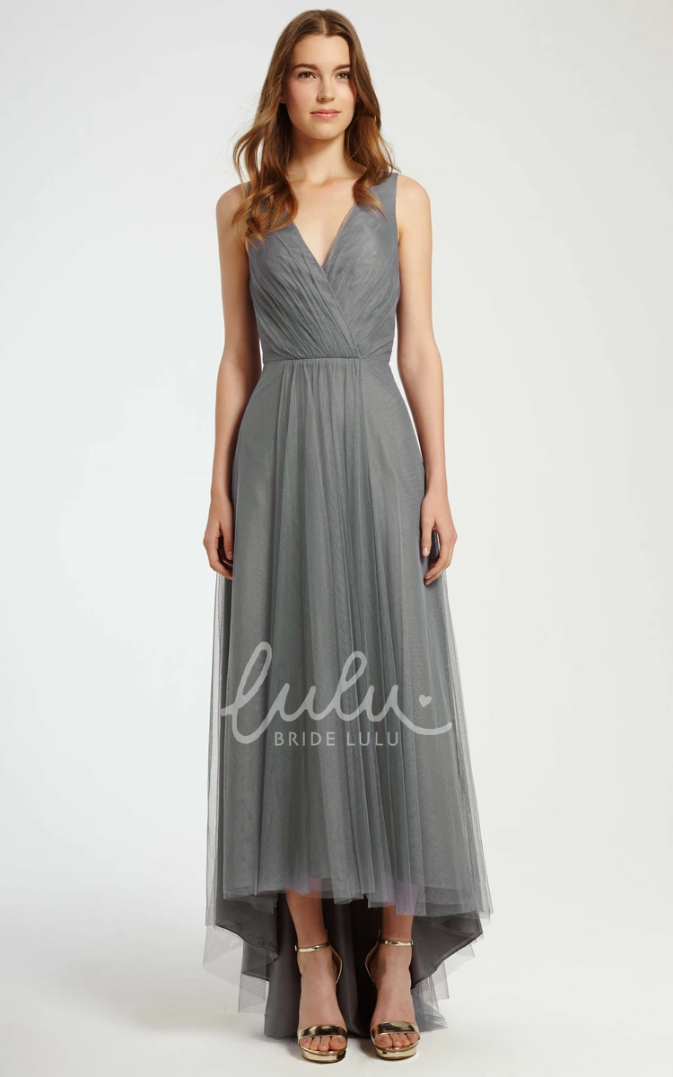 Strapless Ruched Tulle Bridesmaid Dress with Brush Train High-Low Style